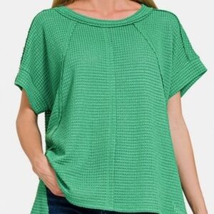 New Zenana Outfitters Green Short Sleeve Waffle Knit Top S/M Nwot